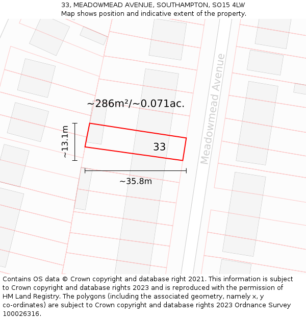 33, MEADOWMEAD AVENUE, SOUTHAMPTON, SO15 4LW: Plot and title map