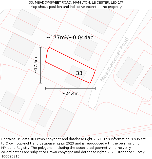33, MEADOWSWEET ROAD, HAMILTON, LEICESTER, LE5 1TP: Plot and title map
