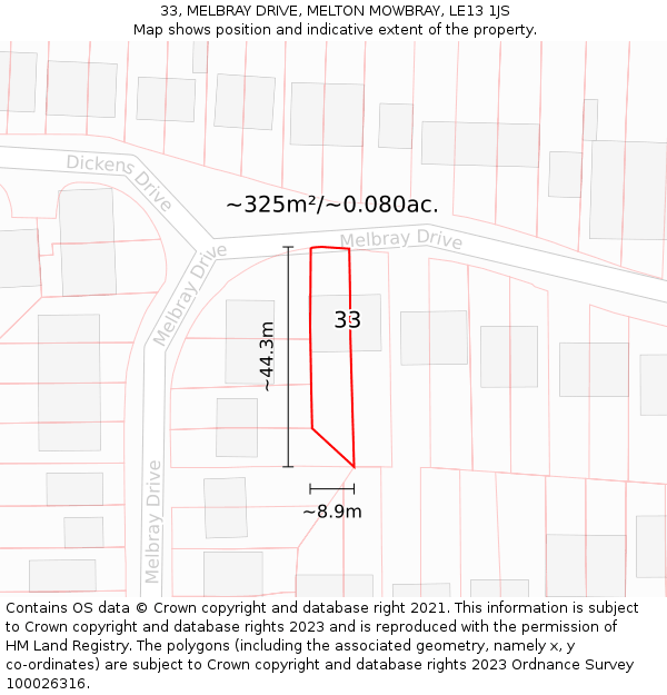 33, MELBRAY DRIVE, MELTON MOWBRAY, LE13 1JS: Plot and title map