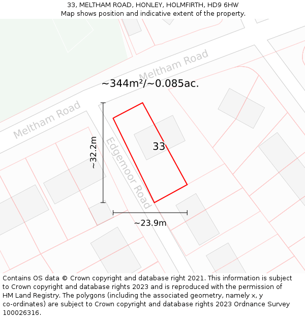 33, MELTHAM ROAD, HONLEY, HOLMFIRTH, HD9 6HW: Plot and title map