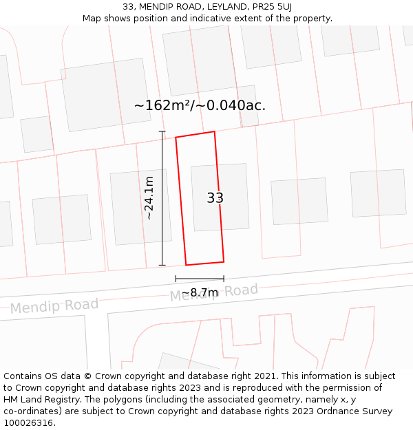33, MENDIP ROAD, LEYLAND, PR25 5UJ: Plot and title map