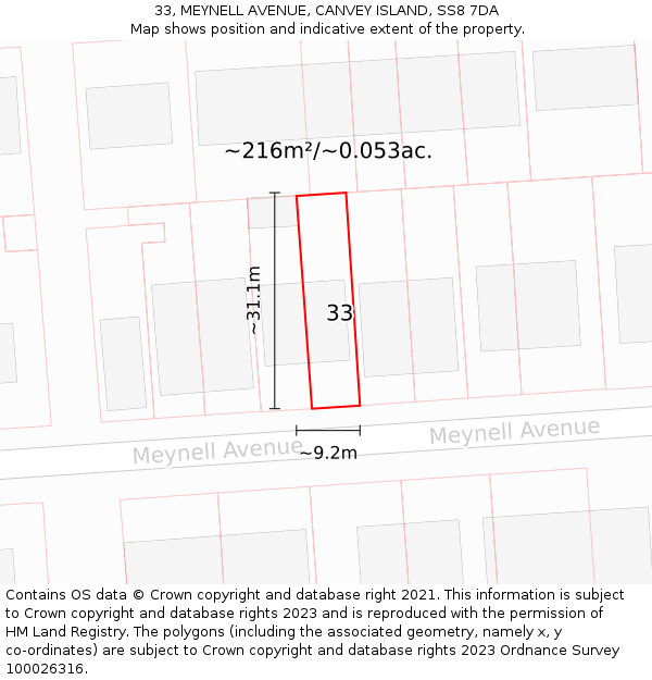 33, MEYNELL AVENUE, CANVEY ISLAND, SS8 7DA: Plot and title map