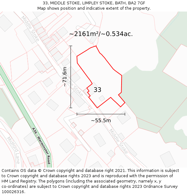 33, MIDDLE STOKE, LIMPLEY STOKE, BATH, BA2 7GF: Plot and title map