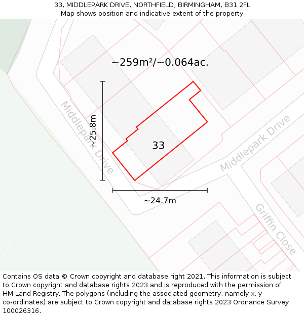 33, MIDDLEPARK DRIVE, NORTHFIELD, BIRMINGHAM, B31 2FL: Plot and title map