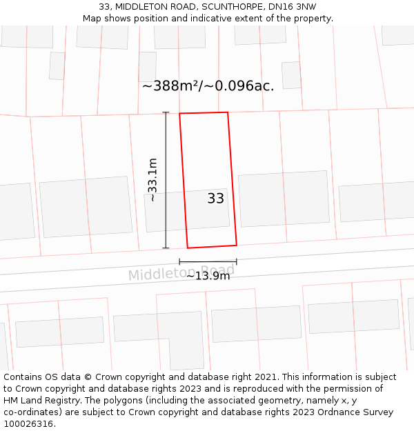33, MIDDLETON ROAD, SCUNTHORPE, DN16 3NW: Plot and title map