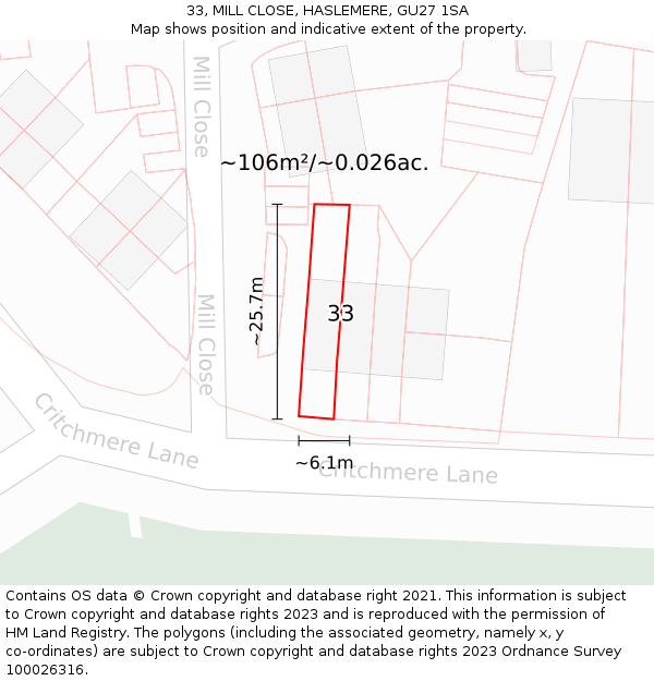 33, MILL CLOSE, HASLEMERE, GU27 1SA: Plot and title map