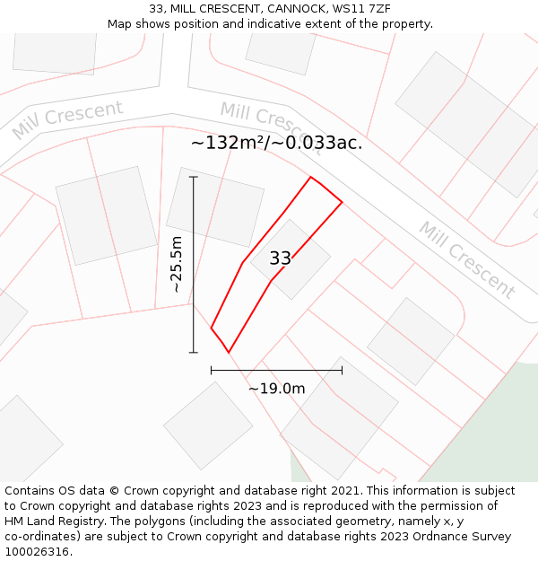 33, MILL CRESCENT, CANNOCK, WS11 7ZF: Plot and title map