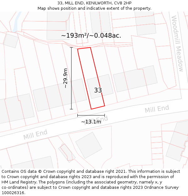 33, MILL END, KENILWORTH, CV8 2HP: Plot and title map