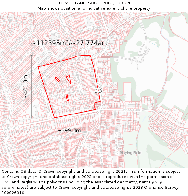 33, MILL LANE, SOUTHPORT, PR9 7PL: Plot and title map