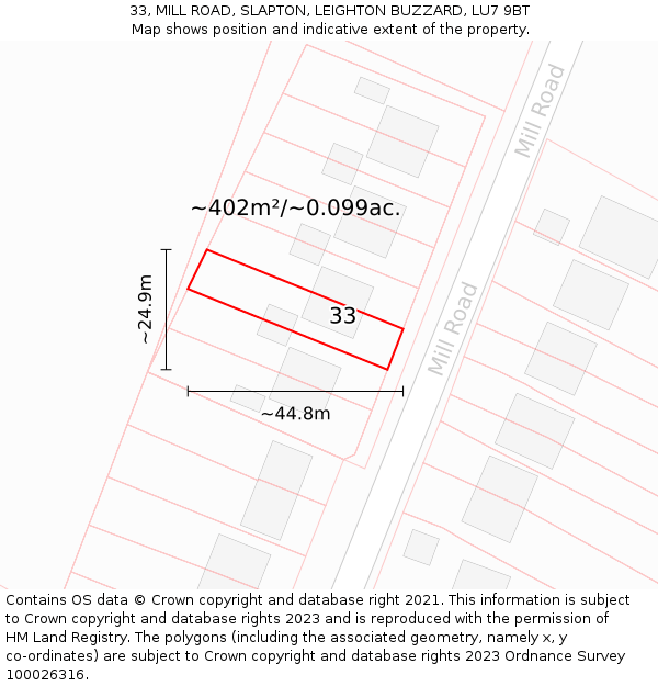 33, MILL ROAD, SLAPTON, LEIGHTON BUZZARD, LU7 9BT: Plot and title map