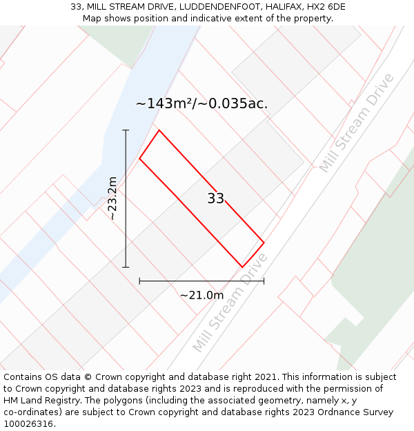 33, MILL STREAM DRIVE, LUDDENDENFOOT, HALIFAX, HX2 6DE: Plot and title map