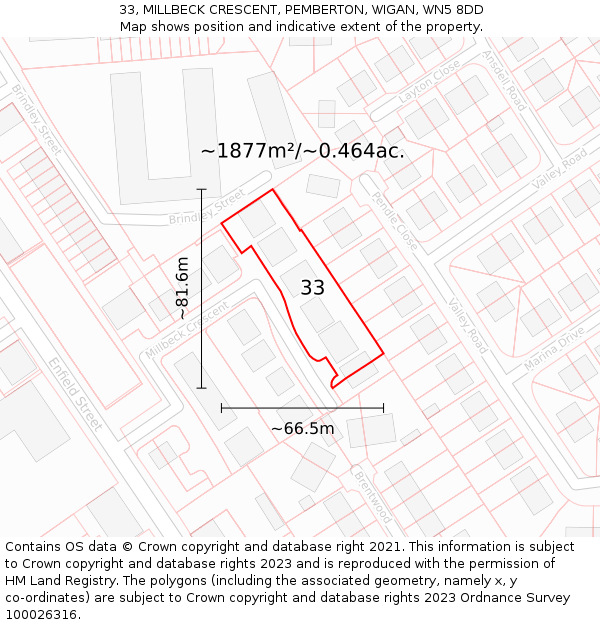 33, MILLBECK CRESCENT, PEMBERTON, WIGAN, WN5 8DD: Plot and title map