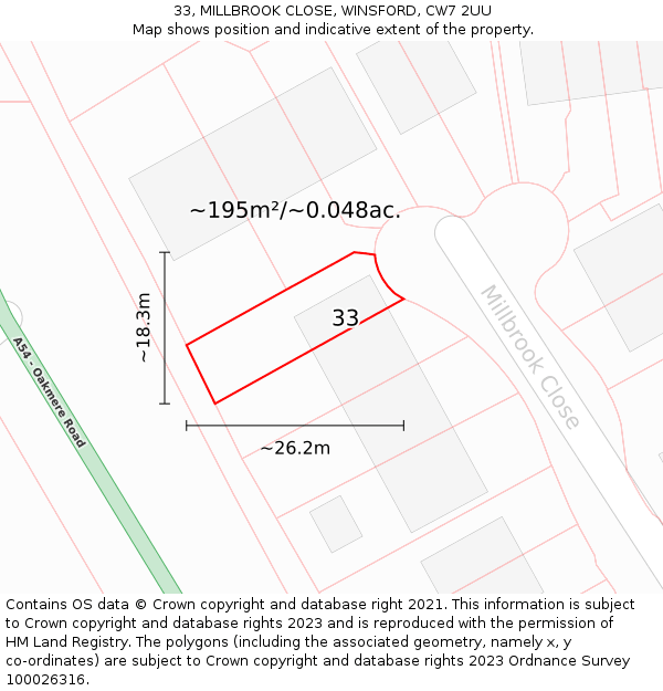 33, MILLBROOK CLOSE, WINSFORD, CW7 2UU: Plot and title map