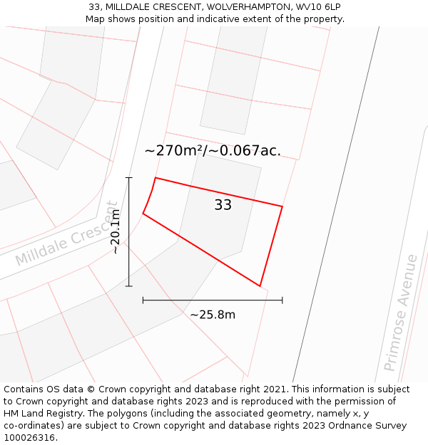 33, MILLDALE CRESCENT, WOLVERHAMPTON, WV10 6LP: Plot and title map
