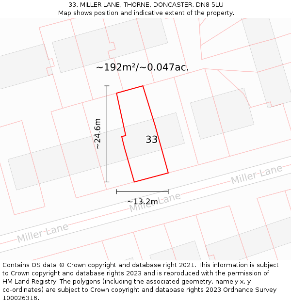 33, MILLER LANE, THORNE, DONCASTER, DN8 5LU: Plot and title map