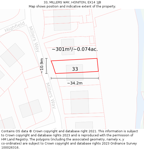 33, MILLERS WAY, HONITON, EX14 1JB: Plot and title map