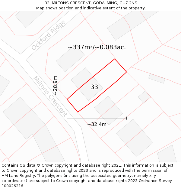 33, MILTONS CRESCENT, GODALMING, GU7 2NS: Plot and title map