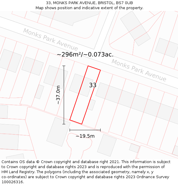 33, MONKS PARK AVENUE, BRISTOL, BS7 0UB: Plot and title map