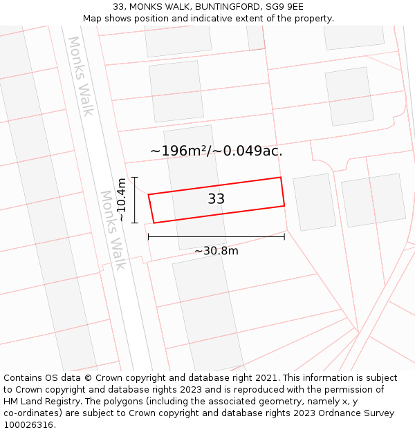 33, MONKS WALK, BUNTINGFORD, SG9 9EE: Plot and title map