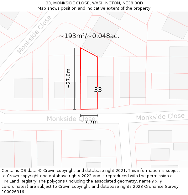 33, MONKSIDE CLOSE, WASHINGTON, NE38 0QB: Plot and title map
