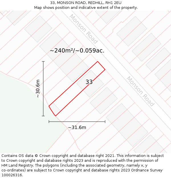 33, MONSON ROAD, REDHILL, RH1 2EU: Plot and title map