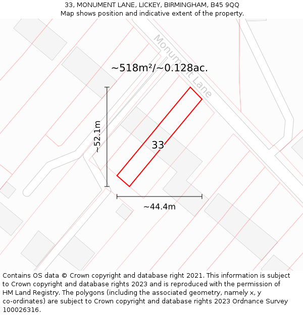 33, MONUMENT LANE, LICKEY, BIRMINGHAM, B45 9QQ: Plot and title map