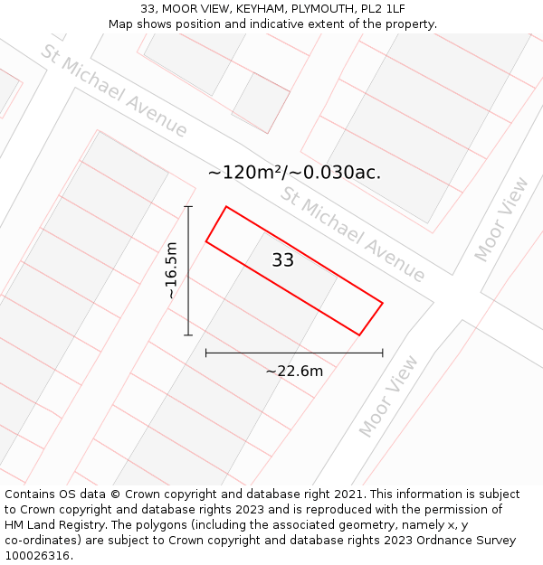 33, MOOR VIEW, KEYHAM, PLYMOUTH, PL2 1LF: Plot and title map