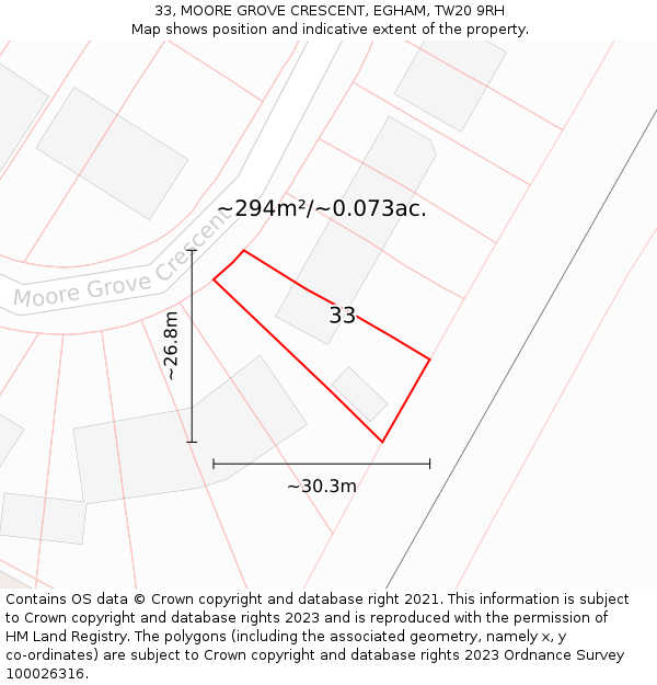 33, MOORE GROVE CRESCENT, EGHAM, TW20 9RH: Plot and title map