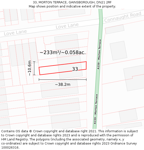 33, MORTON TERRACE, GAINSBOROUGH, DN21 2RF: Plot and title map