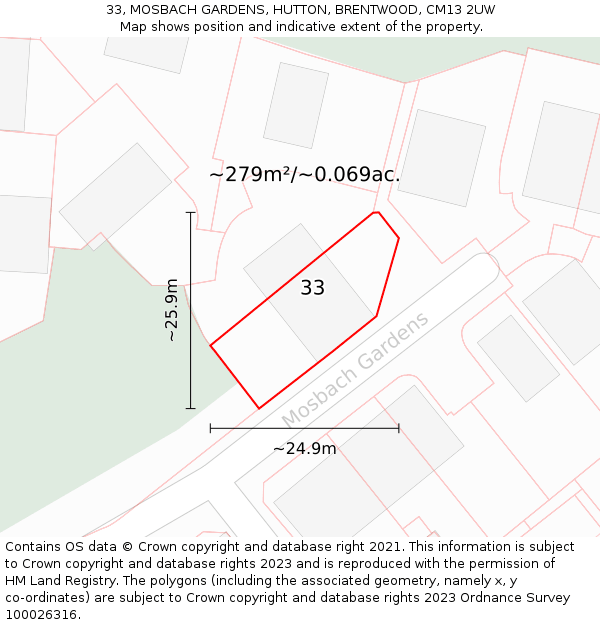 33, MOSBACH GARDENS, HUTTON, BRENTWOOD, CM13 2UW: Plot and title map