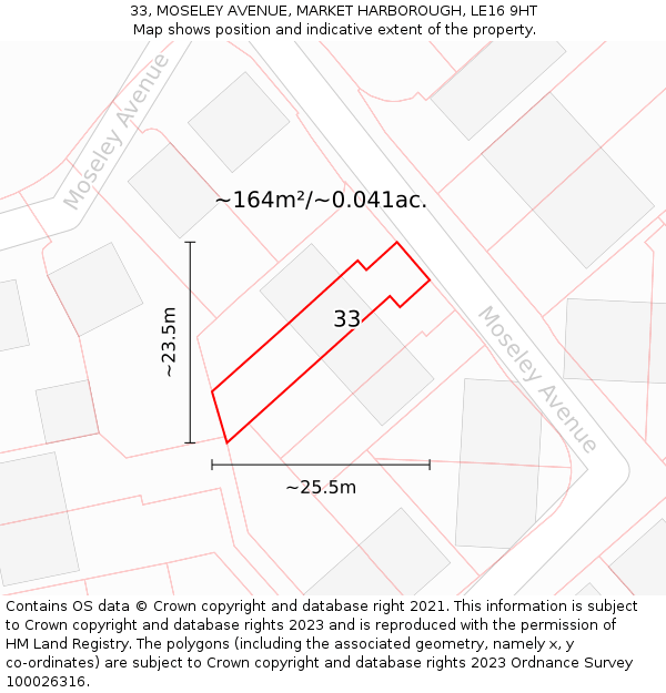 33, MOSELEY AVENUE, MARKET HARBOROUGH, LE16 9HT: Plot and title map