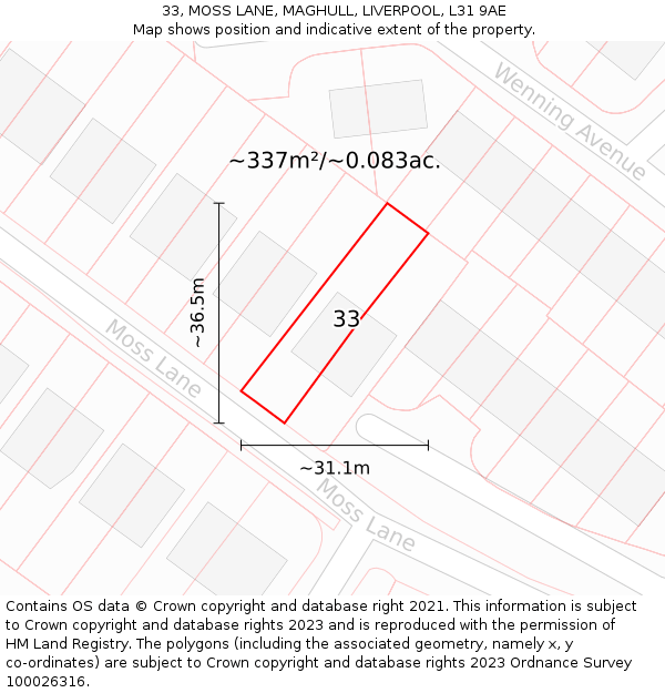 33, MOSS LANE, MAGHULL, LIVERPOOL, L31 9AE: Plot and title map