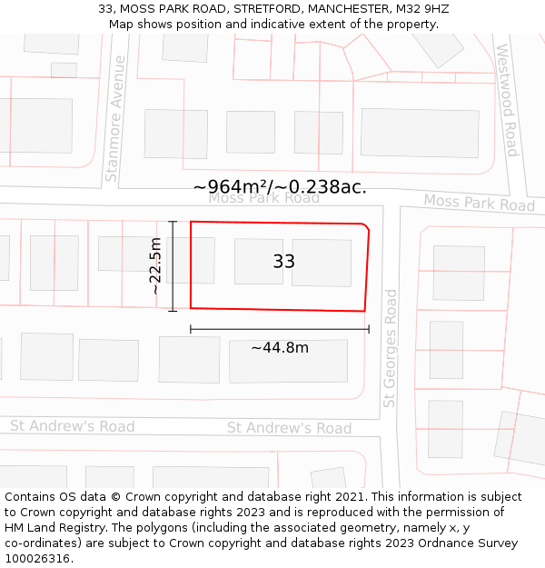 33, MOSS PARK ROAD, STRETFORD, MANCHESTER, M32 9HZ: Plot and title map