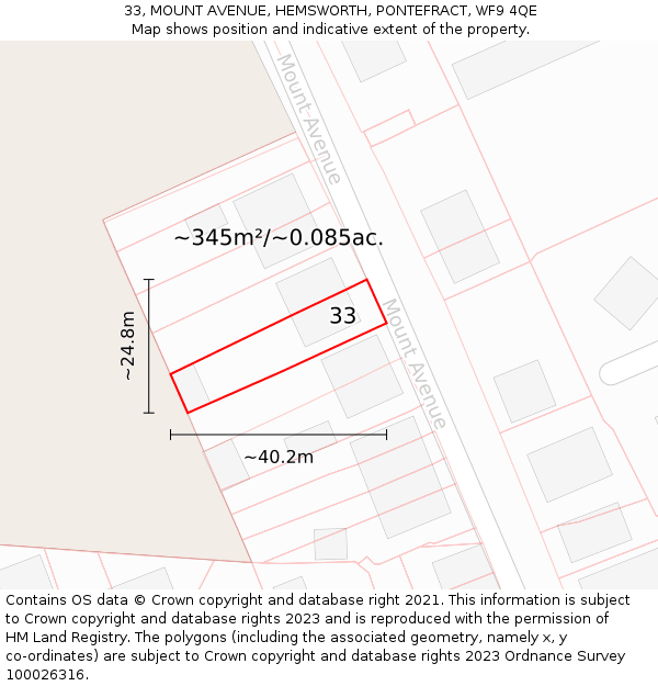 33, MOUNT AVENUE, HEMSWORTH, PONTEFRACT, WF9 4QE: Plot and title map