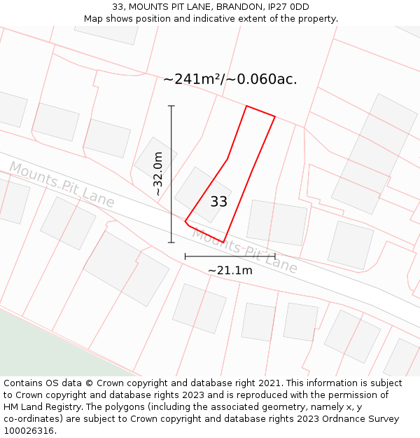33, MOUNTS PIT LANE, BRANDON, IP27 0DD: Plot and title map
