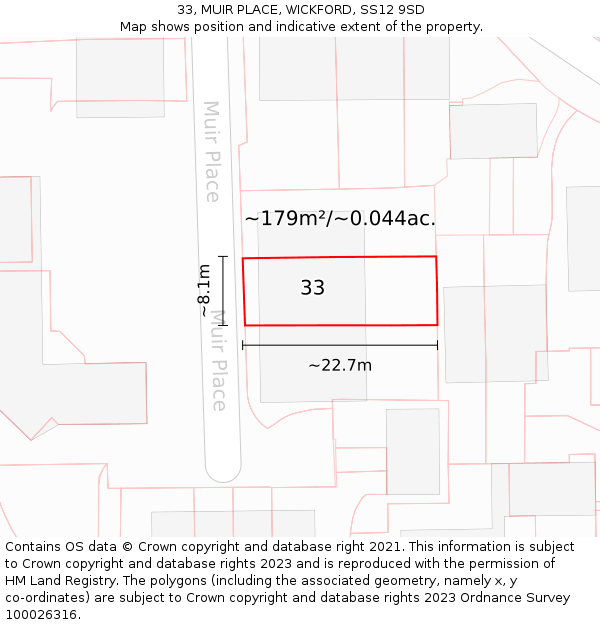 33, MUIR PLACE, WICKFORD, SS12 9SD: Plot and title map