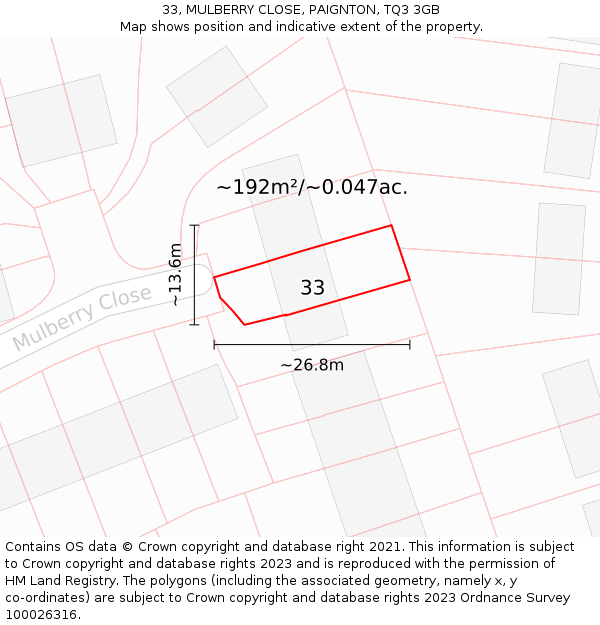 33, MULBERRY CLOSE, PAIGNTON, TQ3 3GB: Plot and title map