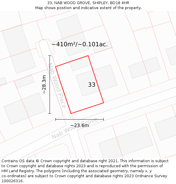 33, NAB WOOD GROVE, SHIPLEY, BD18 4HR: Plot and title map