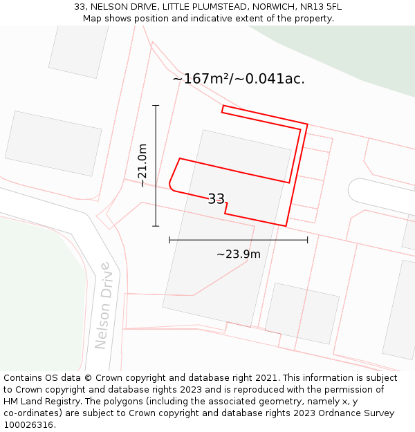 33, NELSON DRIVE, LITTLE PLUMSTEAD, NORWICH, NR13 5FL: Plot and title map