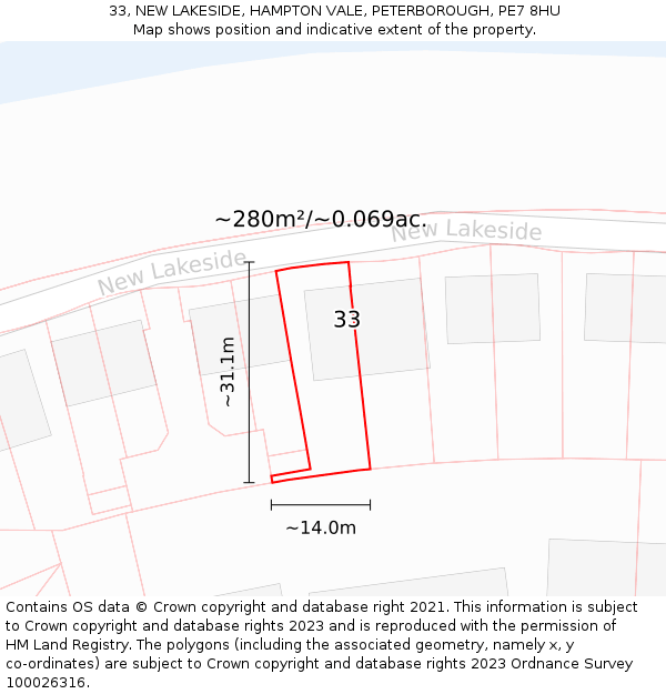 33, NEW LAKESIDE, HAMPTON VALE, PETERBOROUGH, PE7 8HU: Plot and title map