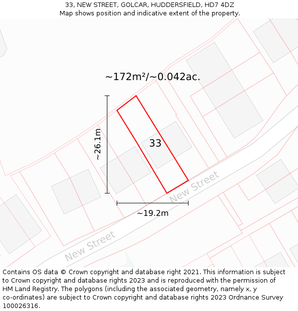 33, NEW STREET, GOLCAR, HUDDERSFIELD, HD7 4DZ: Plot and title map