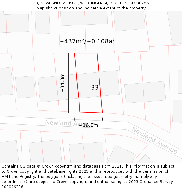 33, NEWLAND AVENUE, WORLINGHAM, BECCLES, NR34 7AN: Plot and title map