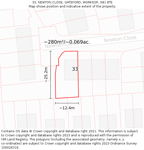 33, NEWTON CLOSE, GATEFORD, WORKSOP, S81 8TE: Plot and title map