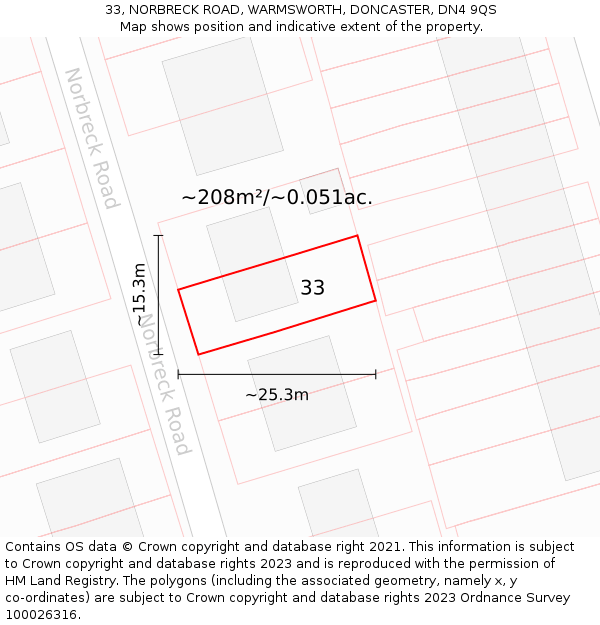 33, NORBRECK ROAD, WARMSWORTH, DONCASTER, DN4 9QS: Plot and title map