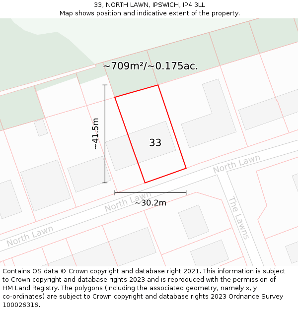 33, NORTH LAWN, IPSWICH, IP4 3LL: Plot and title map