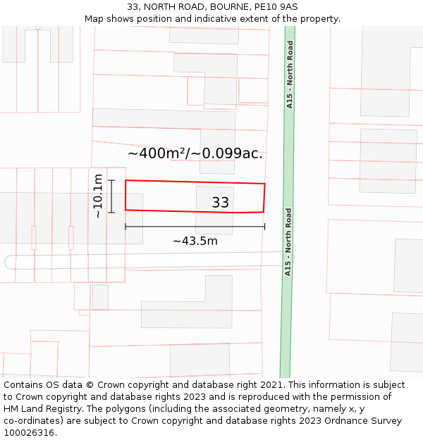 33, NORTH ROAD, BOURNE, PE10 9AS: Plot and title map