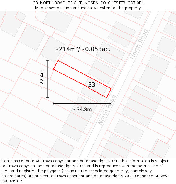 33, NORTH ROAD, BRIGHTLINGSEA, COLCHESTER, CO7 0PL: Plot and title map