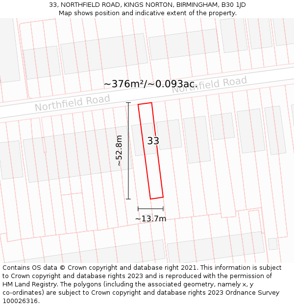 33, NORTHFIELD ROAD, KINGS NORTON, BIRMINGHAM, B30 1JD: Plot and title map