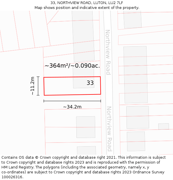 33, NORTHVIEW ROAD, LUTON, LU2 7LF: Plot and title map