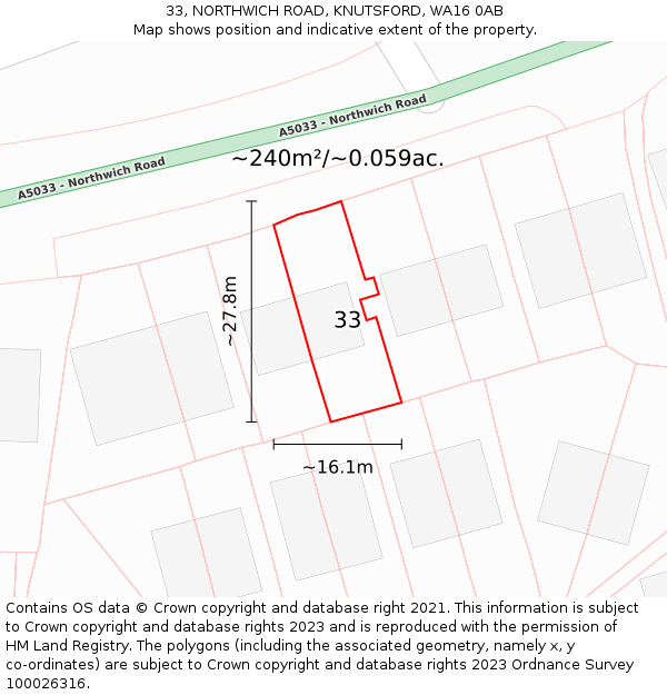 33, NORTHWICH ROAD, KNUTSFORD, WA16 0AB: Plot and title map
